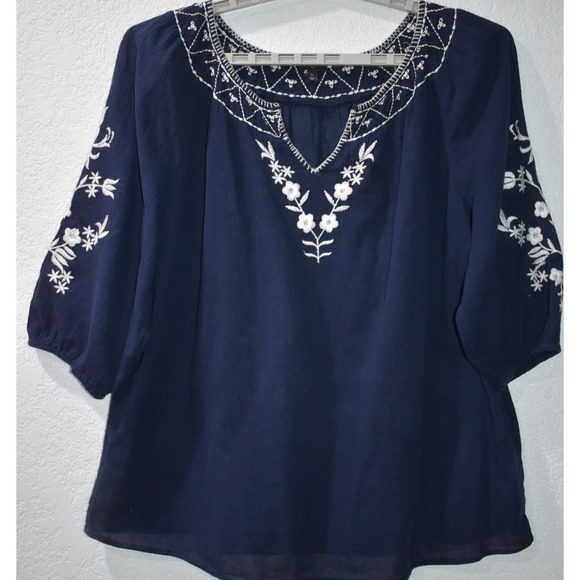 TALBOTS 1X Cotton Navy Blue White Embroidery 3/4 Sleeves Gauze Peasant Boho Top - Picture 2 of 16